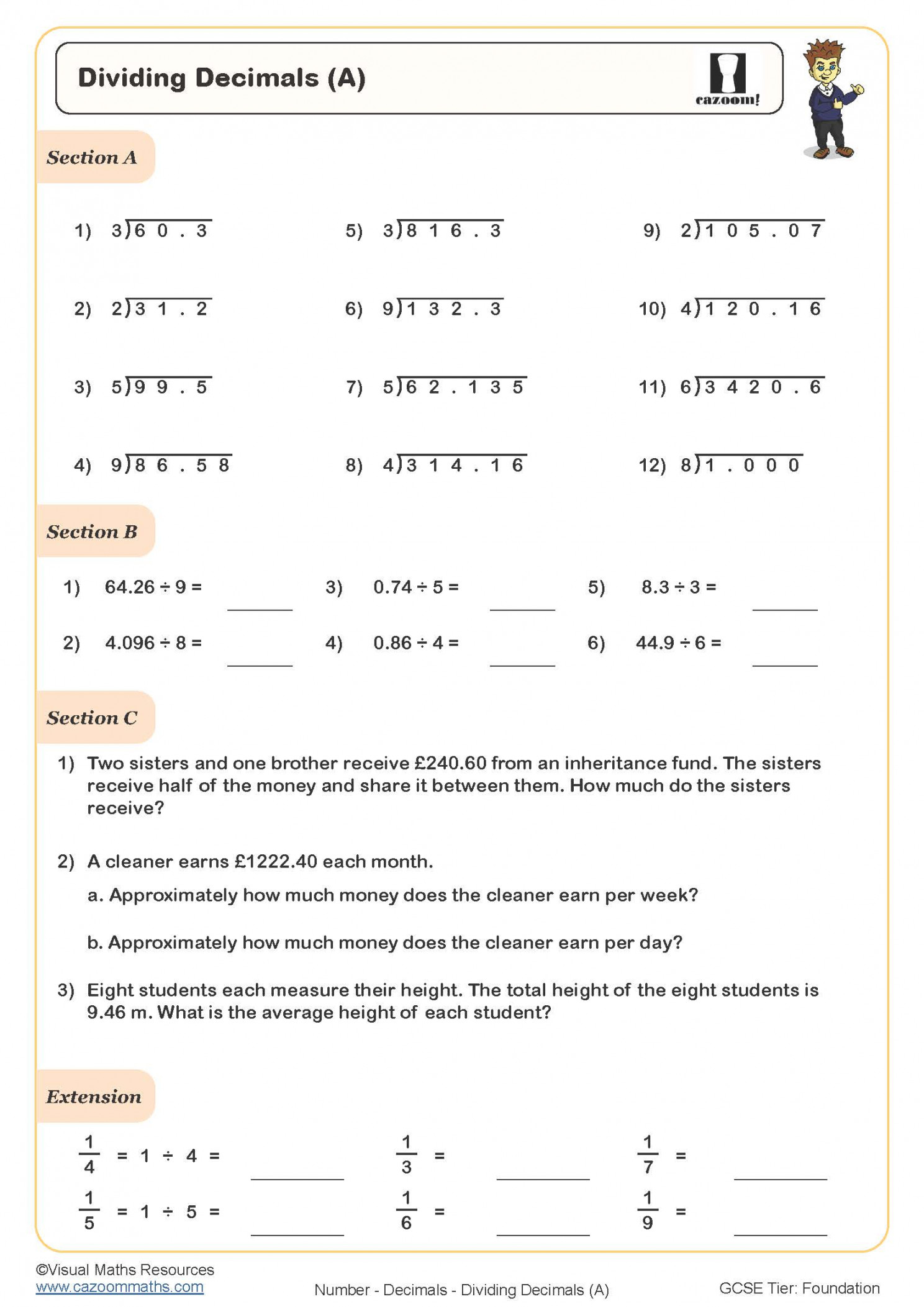 Dividing Decimals PDF Printable Worksheet