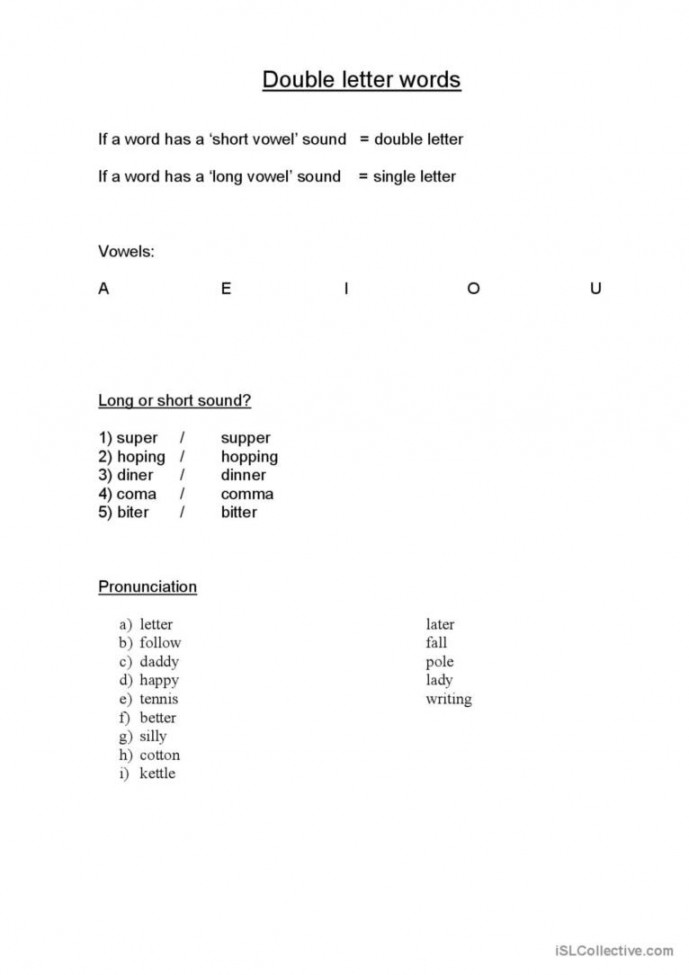 Double Letter words: English ESL worksheets pdf & doc