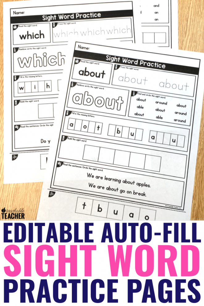 Editable Sight Word Worksheets are Editable & It Auto-fill