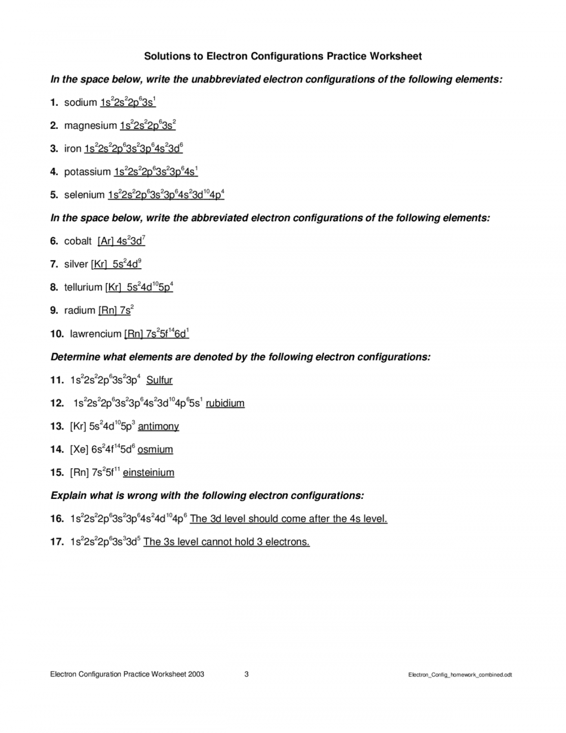 Electron Configuration Practice Worksheet   Exercises