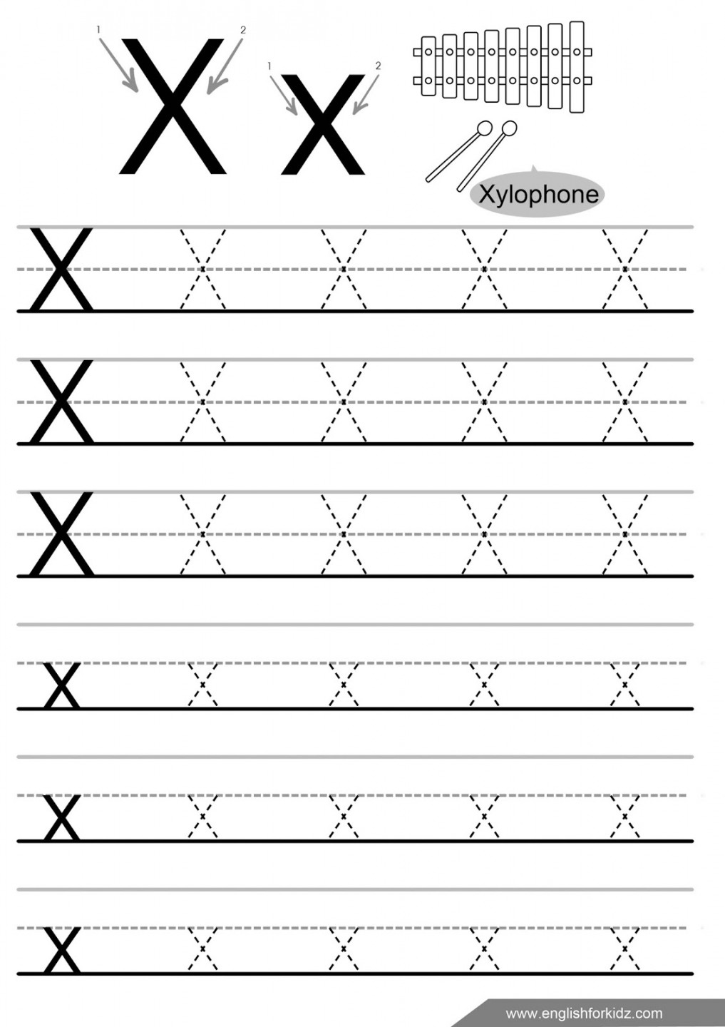 English for Kids Step by Step: Letter X Worksheets, Flash Cards