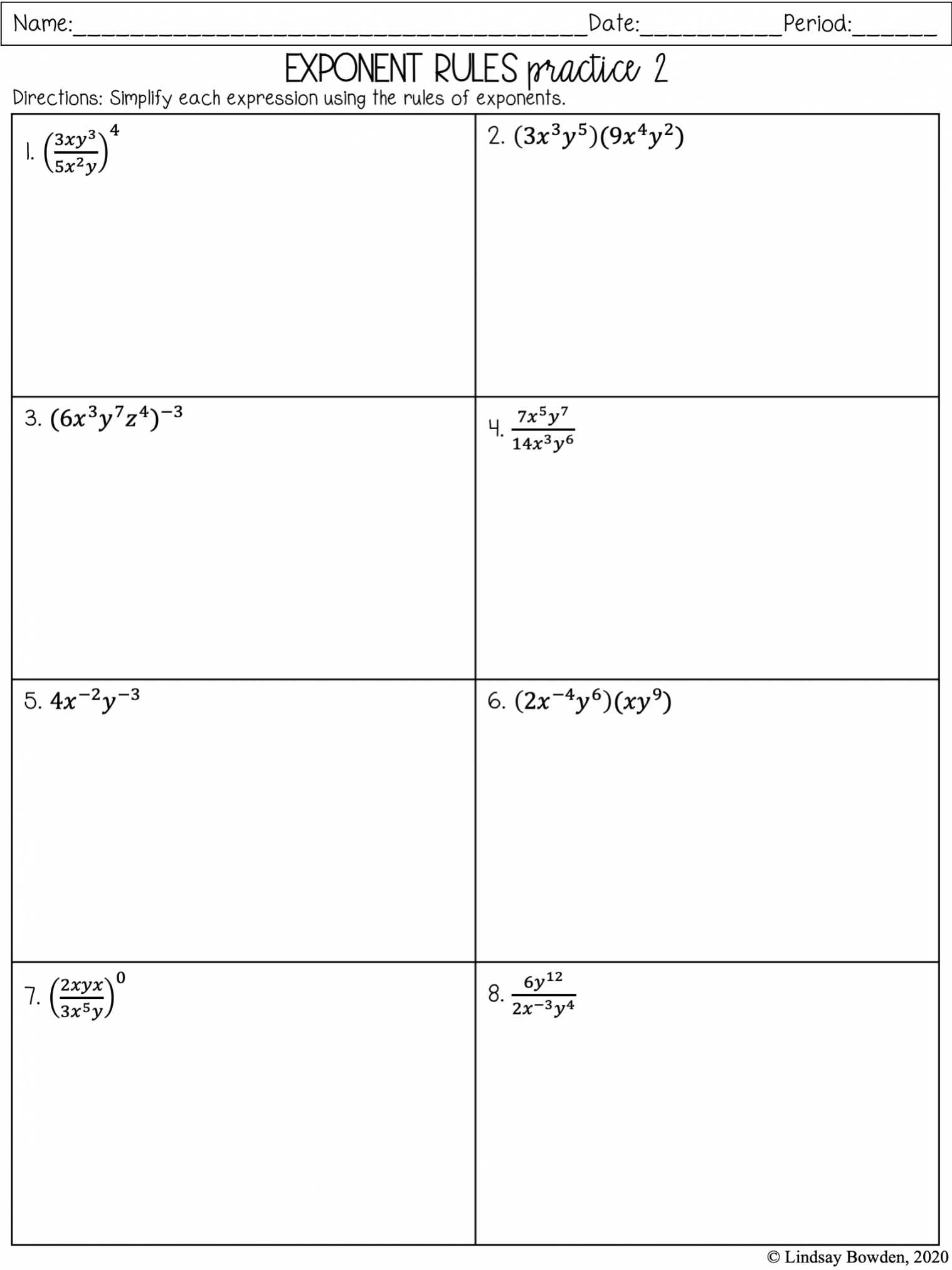 Exponent Rules Notes and Worksheets - Lindsay Bowden