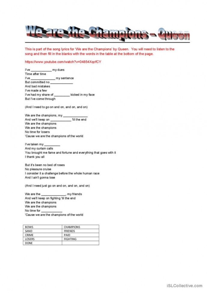 Fill in the blanks song lyrics works: English ESL worksheets pdf