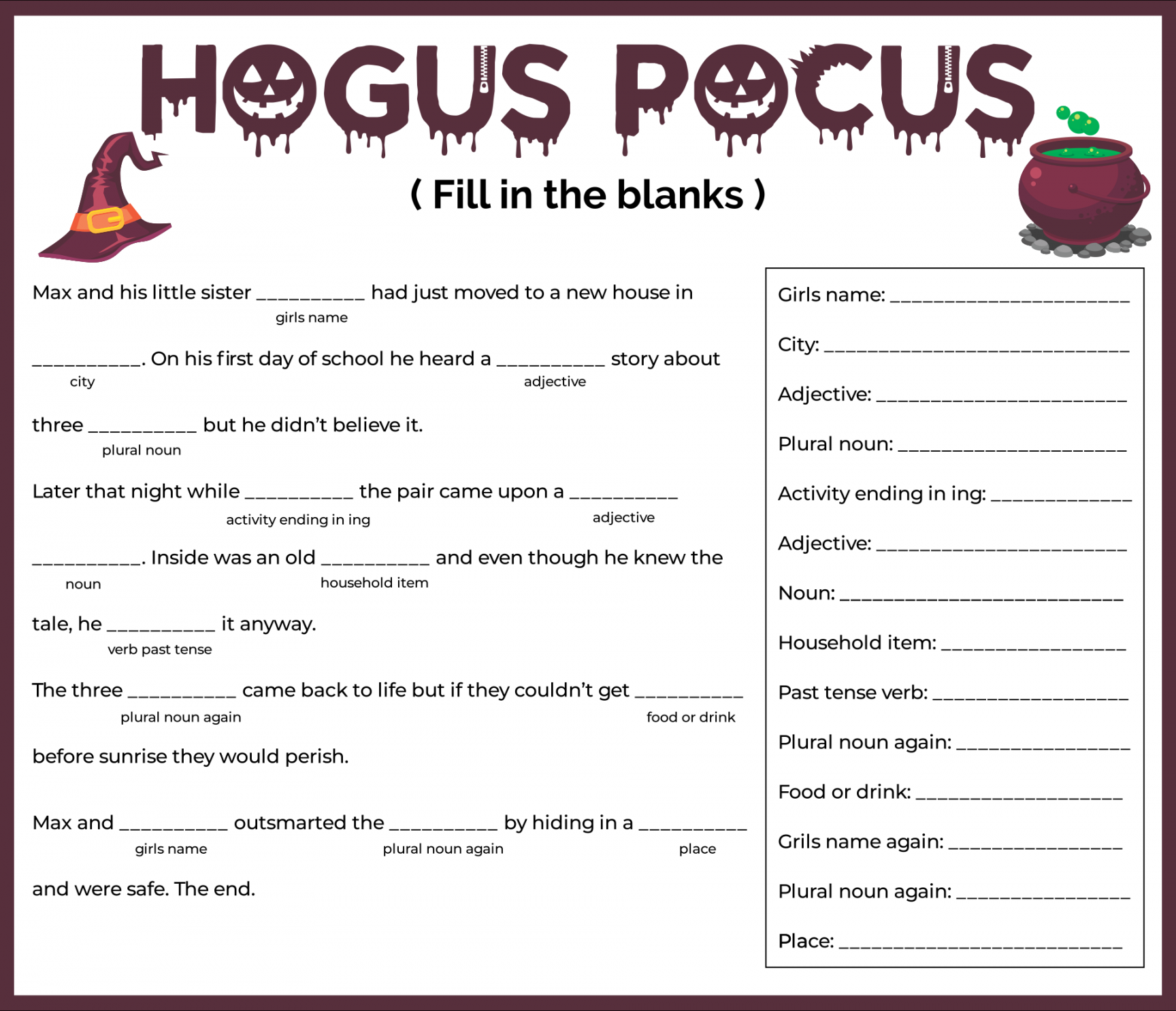 Fill In The Blanks Story Worksheets Pdf  Halloween teaching