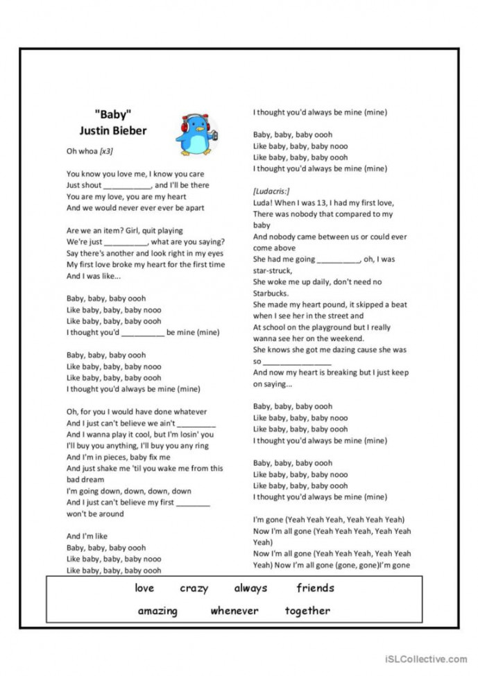 Fill in the missing lyrics: English ESL worksheets pdf & doc