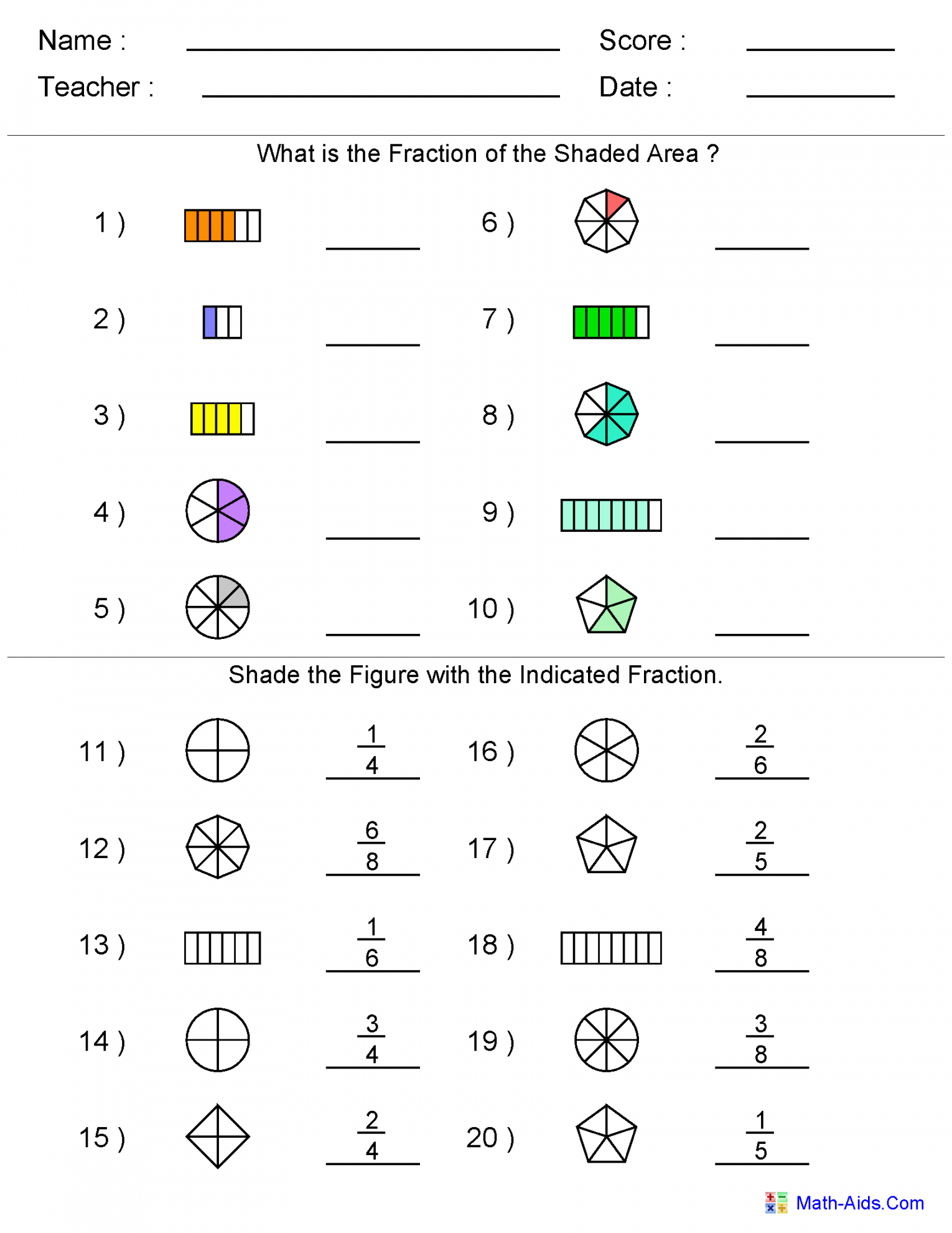 Fractions Worksheets  Printable Fractions Worksheets for Teachers