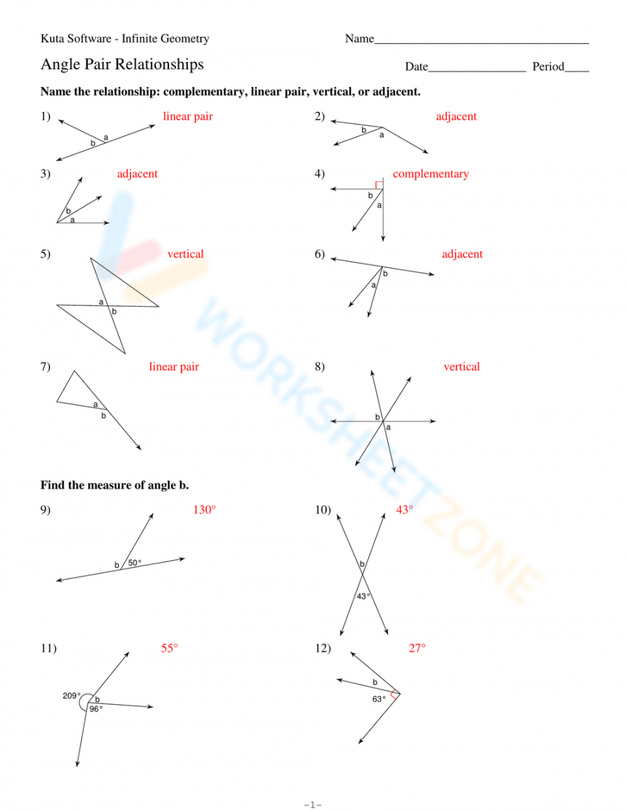 Free Angle Pair Relationships Worksheets For Teaching