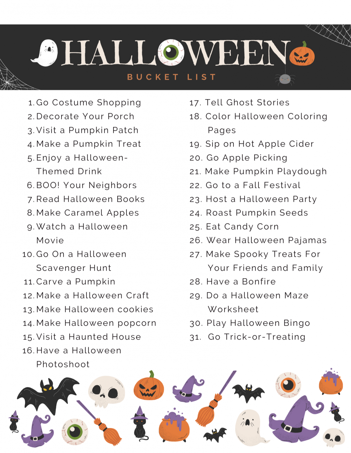 FREE Kids Halloween Fun Bucket List Activities Printable