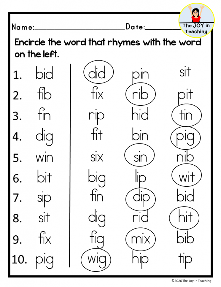 FREE Kindergarten CVC Rhyming Words Worksheet  Rhyming words