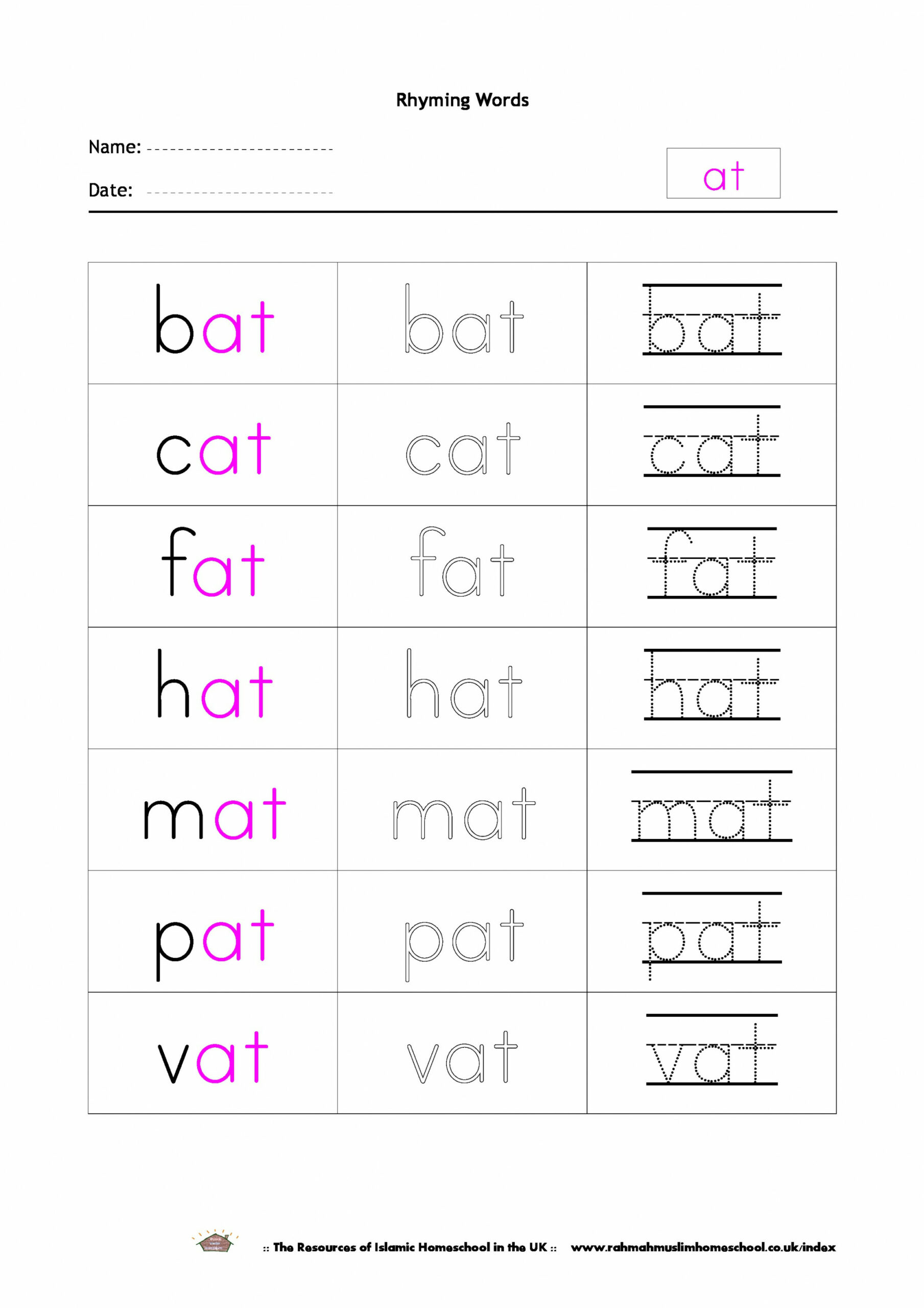 Free Rhyming Words Worksheet “at”  The Islamic Home Education