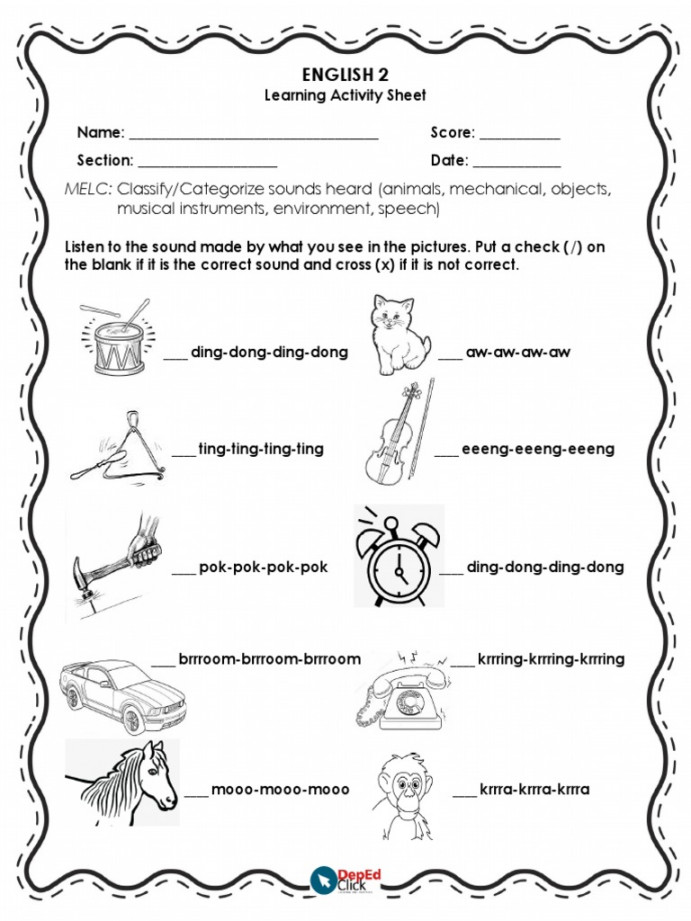 Grade  ENGLISH Activity Sheets Q  PDF  Sound  Hearing