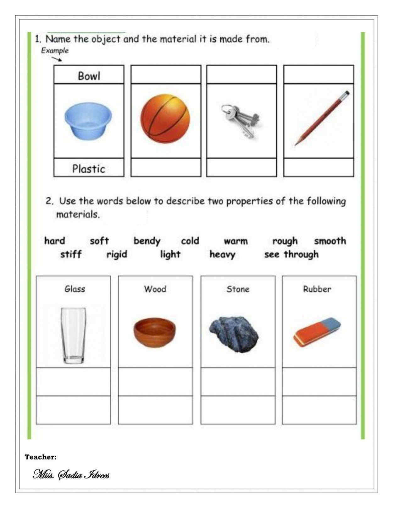 Grade  Science worksheet "materials"  st grade worksheets, nd