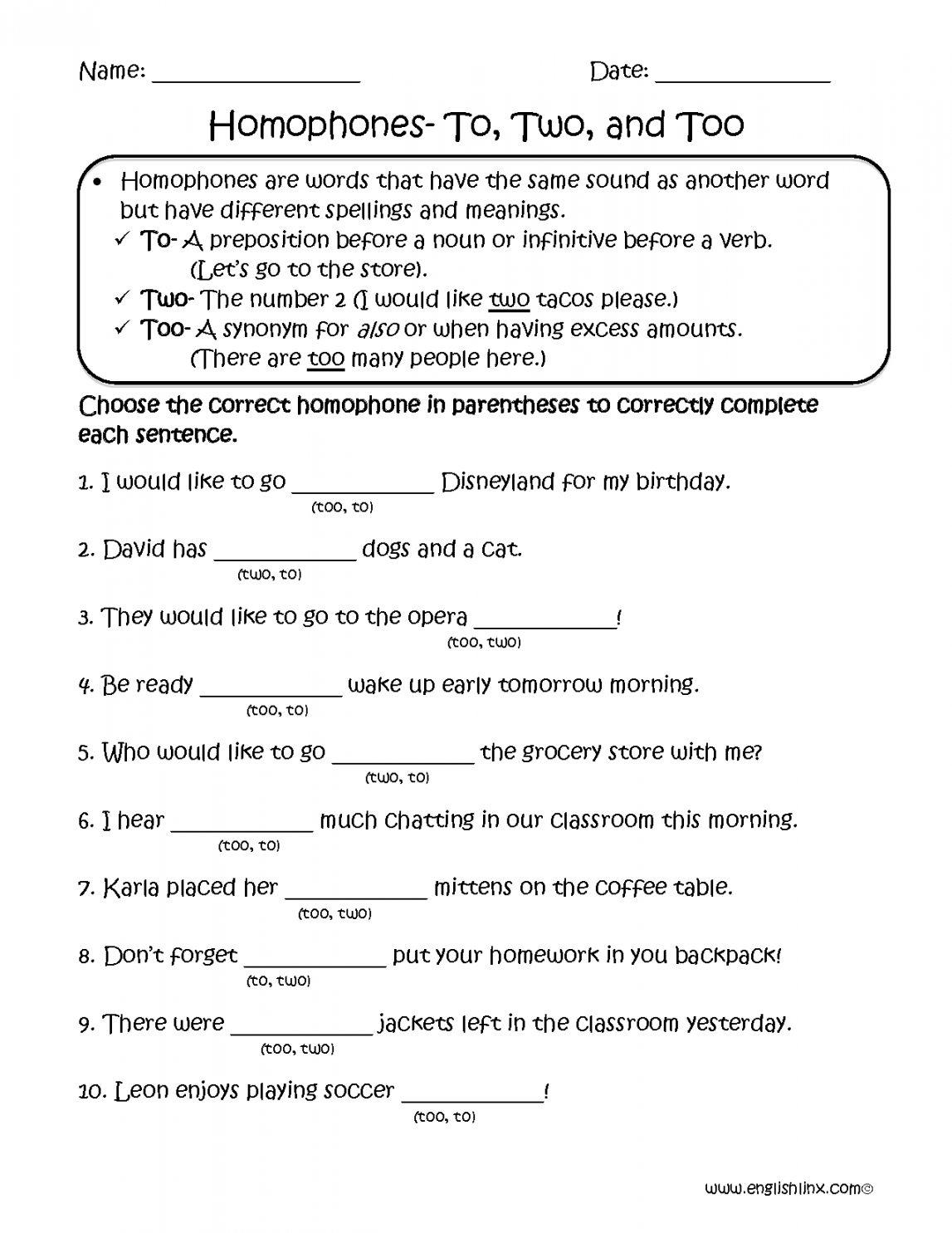 Homophones Worksheets  Choosing To, Two, Too Homophones