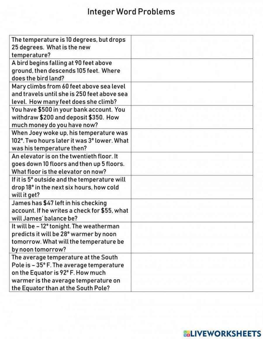 Integer Word Problems Practice worksheet  Live Worksheets