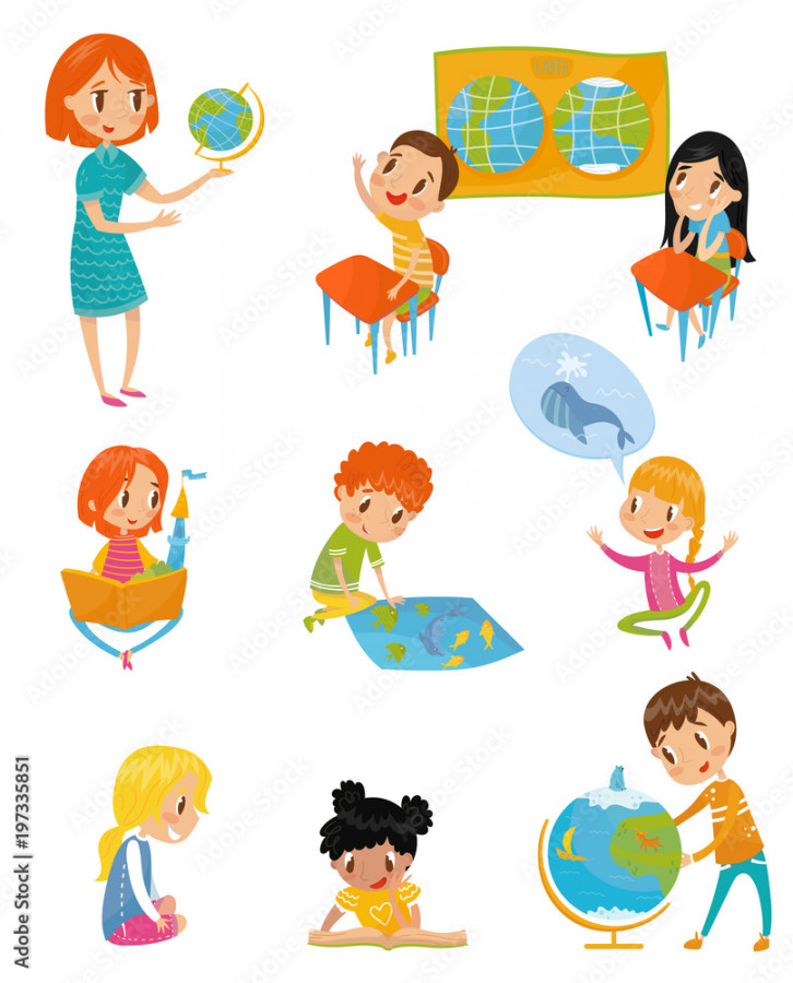 Kids at geography lesson set, preschool activities and early