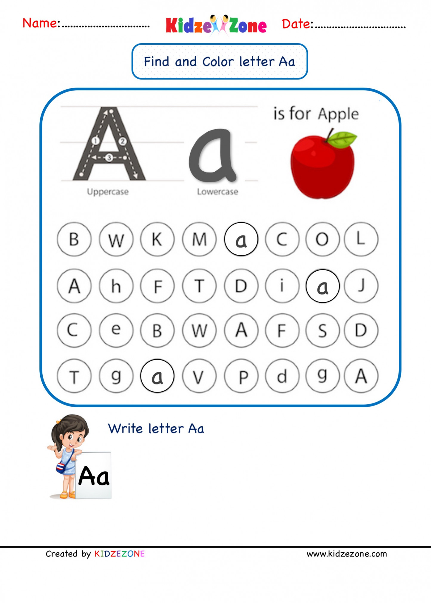 Kindergarten Letter A Find and Color worksheet % - KidzeZone