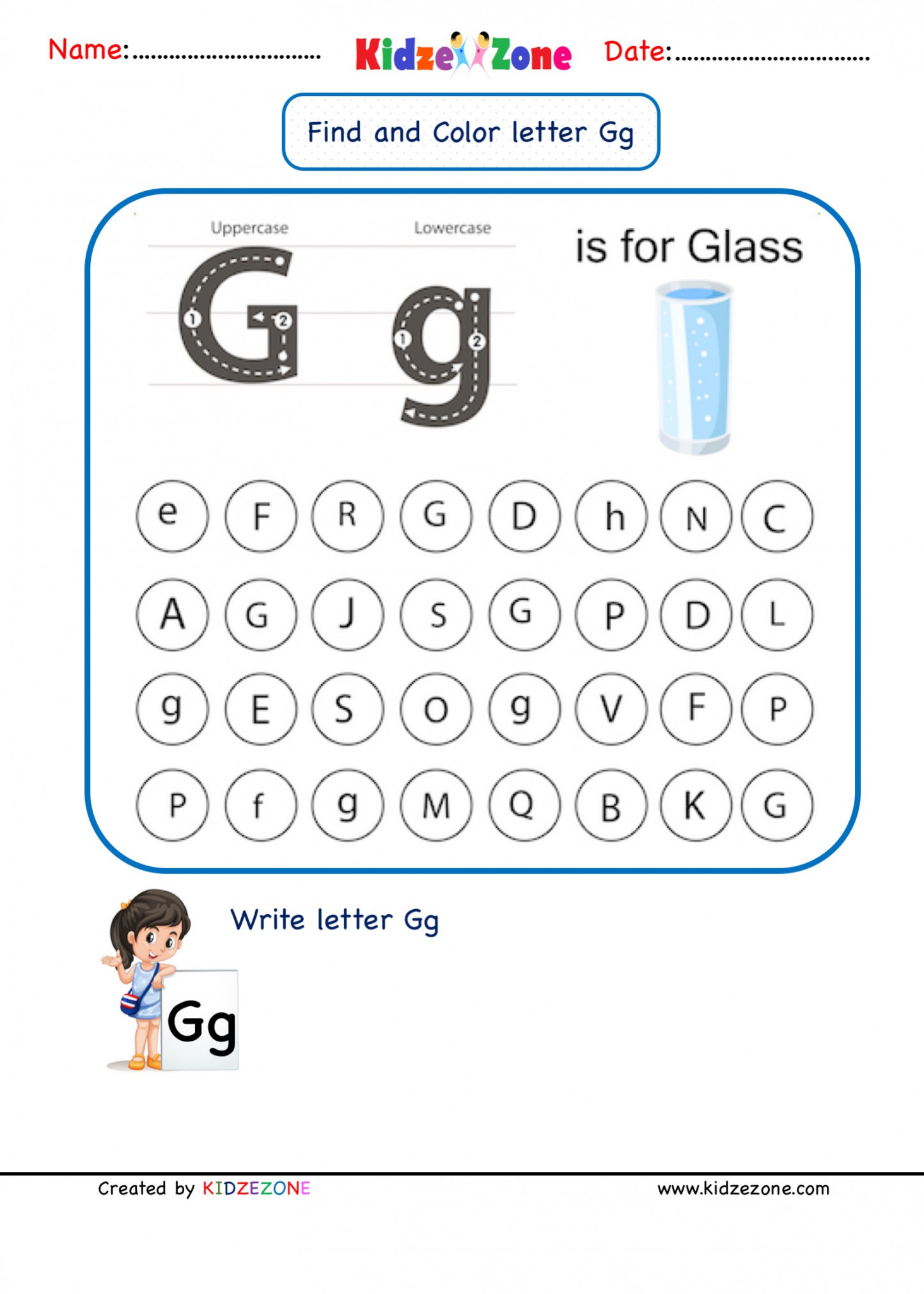 Kindergarten Letter G worksheets - Find and Color - KidzeZone