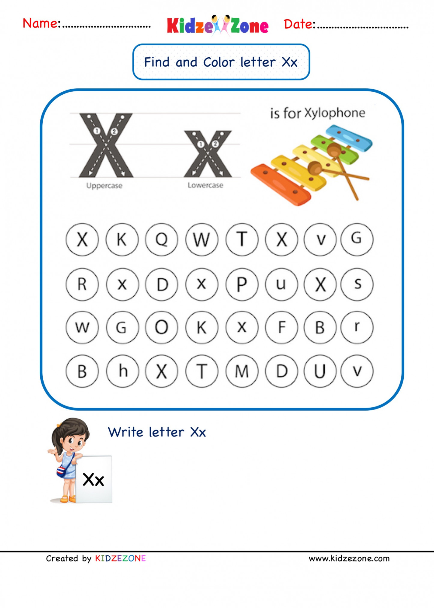 Kindergarten Letter X worksheets - Find and Color - KidzeZone