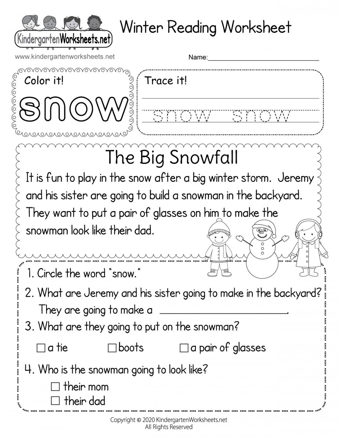 Kindergarten Winter Reading Worksheet  Reading worksheets