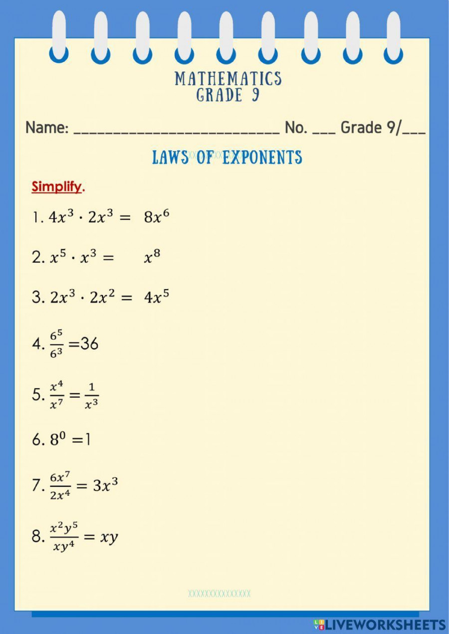 Laws of Exponents online worksheet for Grade   Live Worksheets