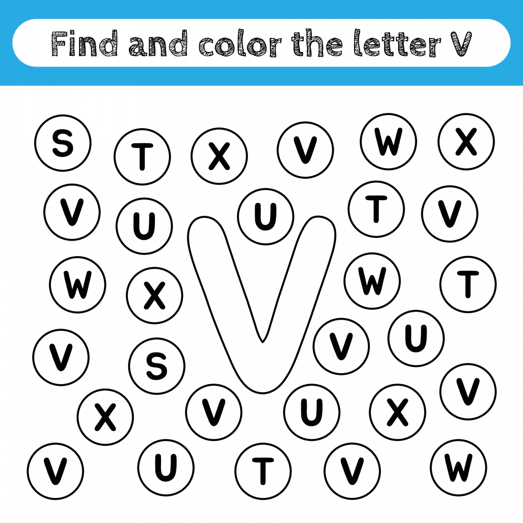 Learning worksheets for kids, find and color letters