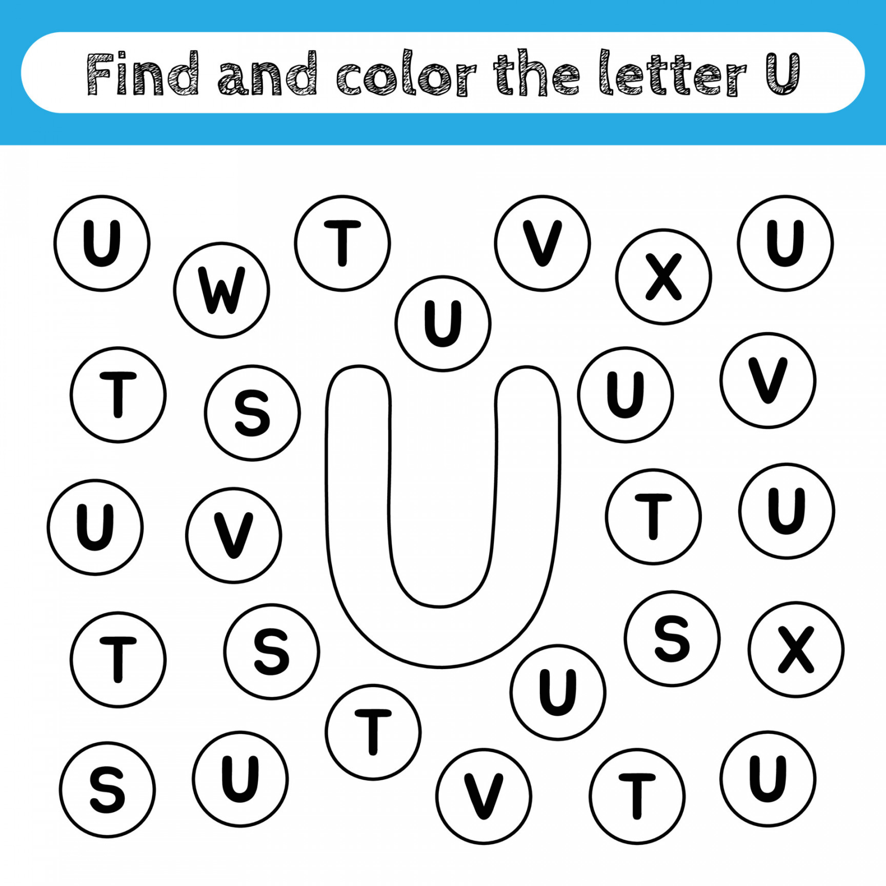 Learning worksheets for kids, find and color letters