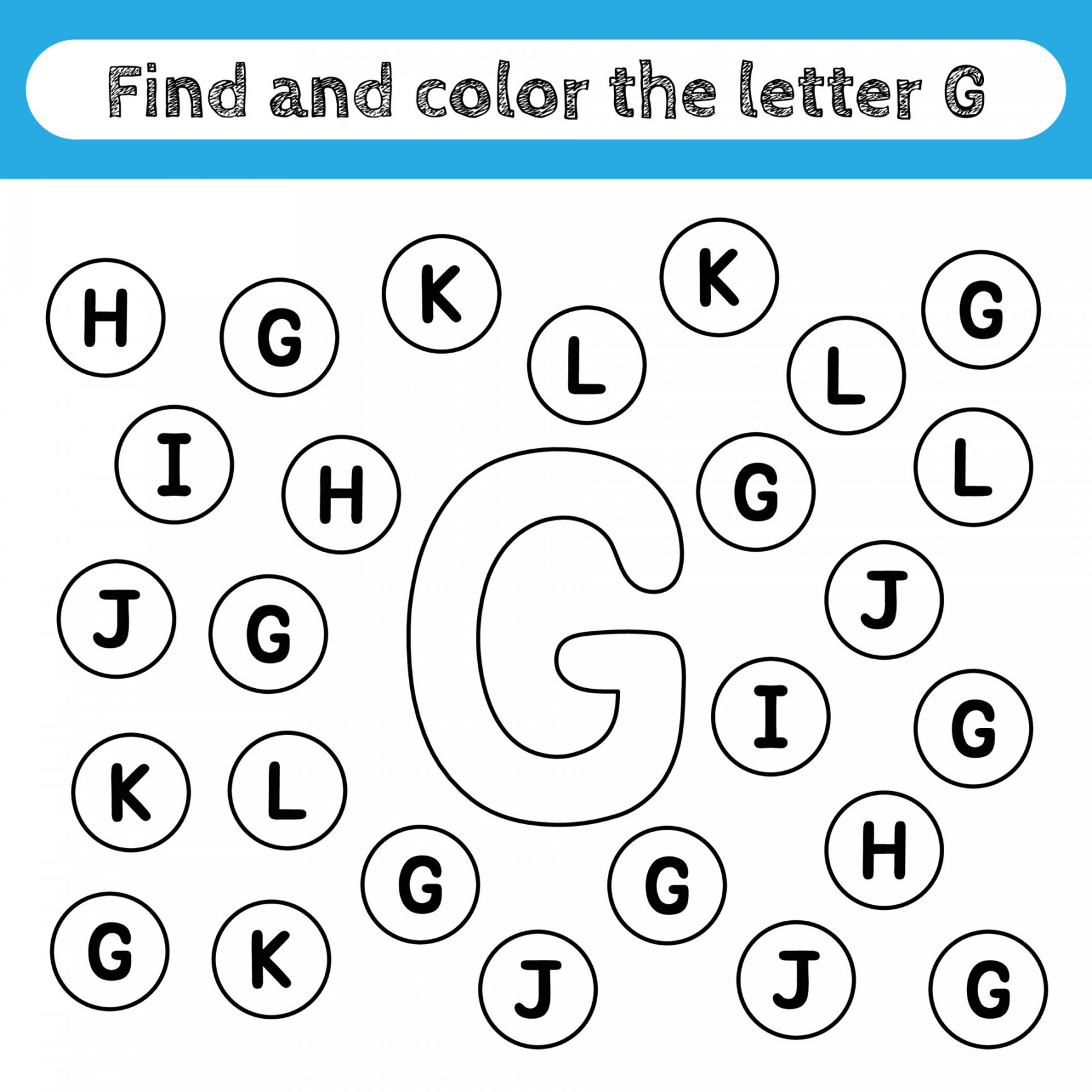 Learning worksheets for kids, find and color letters