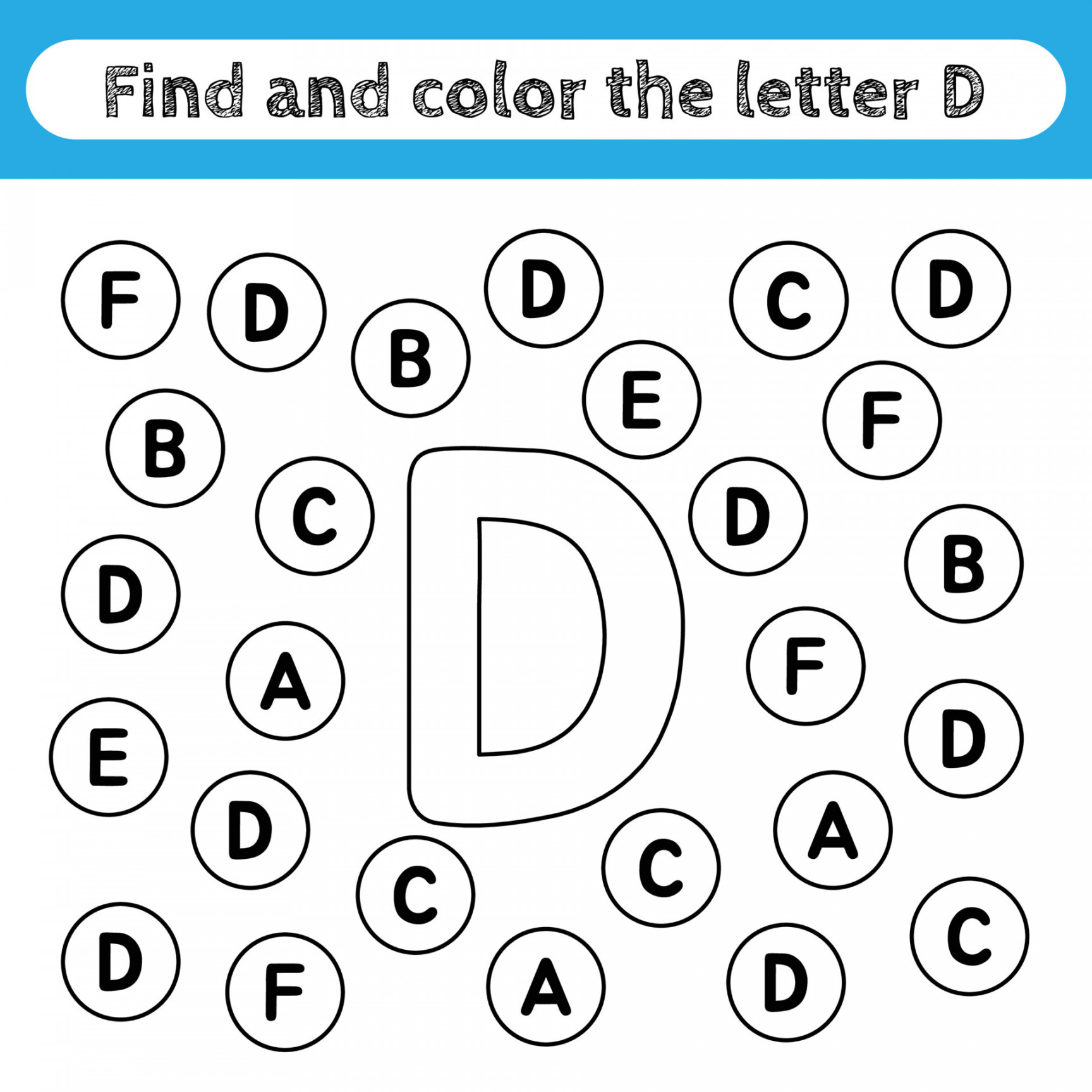 Learning worksheets for kids, find and color letters