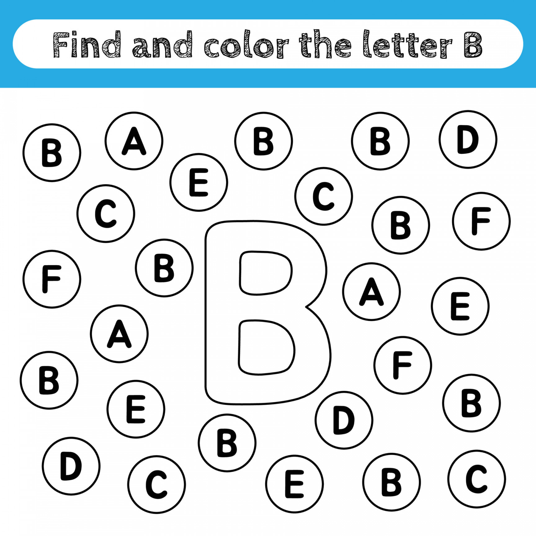 Learning worksheets for kids, find and color letters