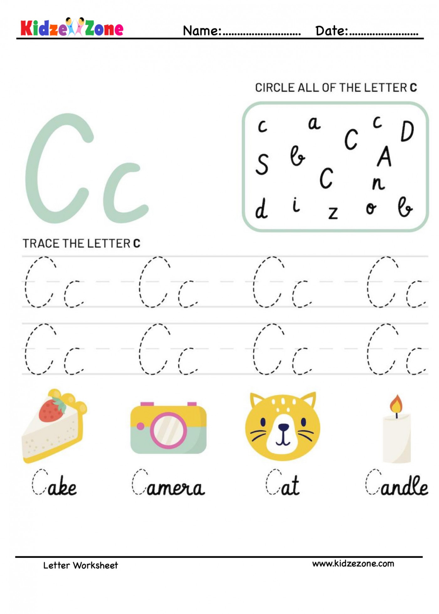 Letter C Tracing and Fun Worksheet - KidzeZone