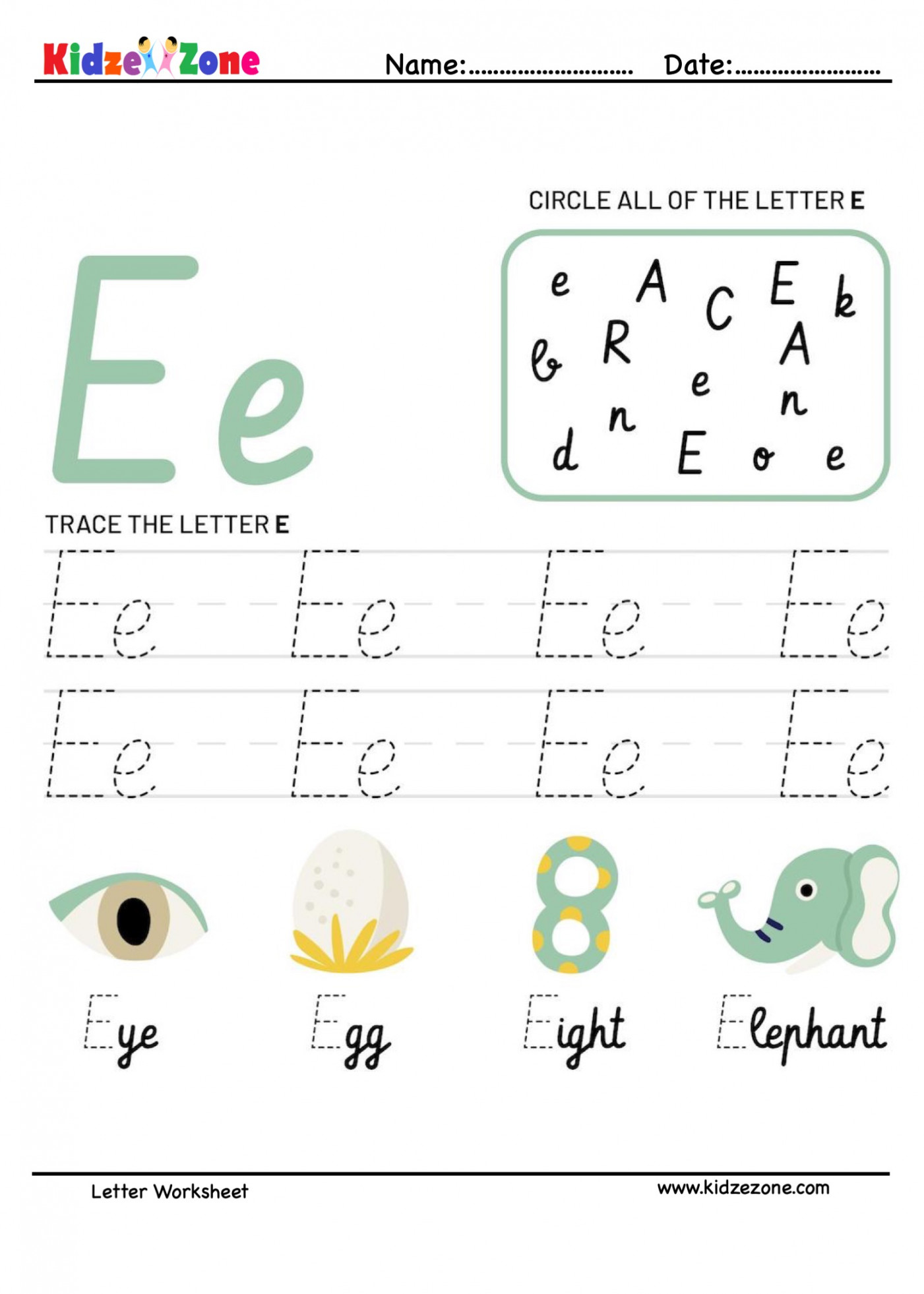 Letter E Tracing and Fun Worksheet - KidzeZone