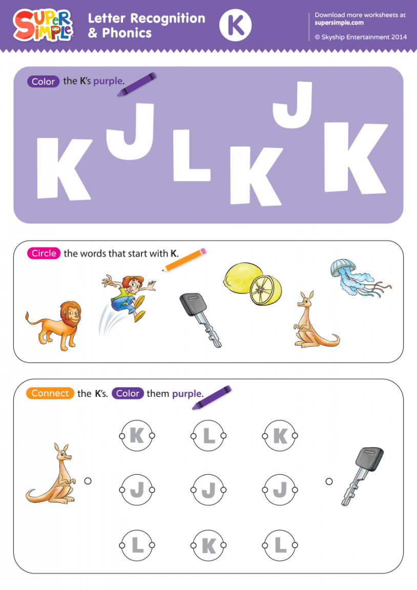 Letter Recognition & Phonics Worksheet - K (Uppercase) - Super Simple