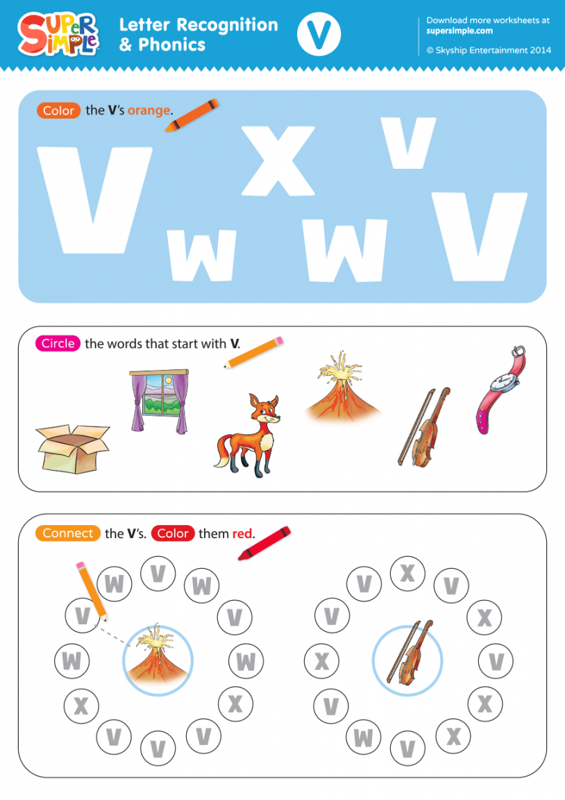 Letter Recognition & Phonics Worksheet - V (Uppercase) - Super Simple