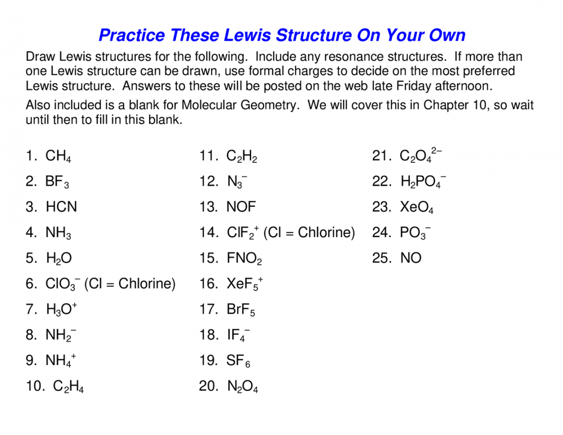 Lewis Structure Worksheet  Lecture notes Geometry  Docsity