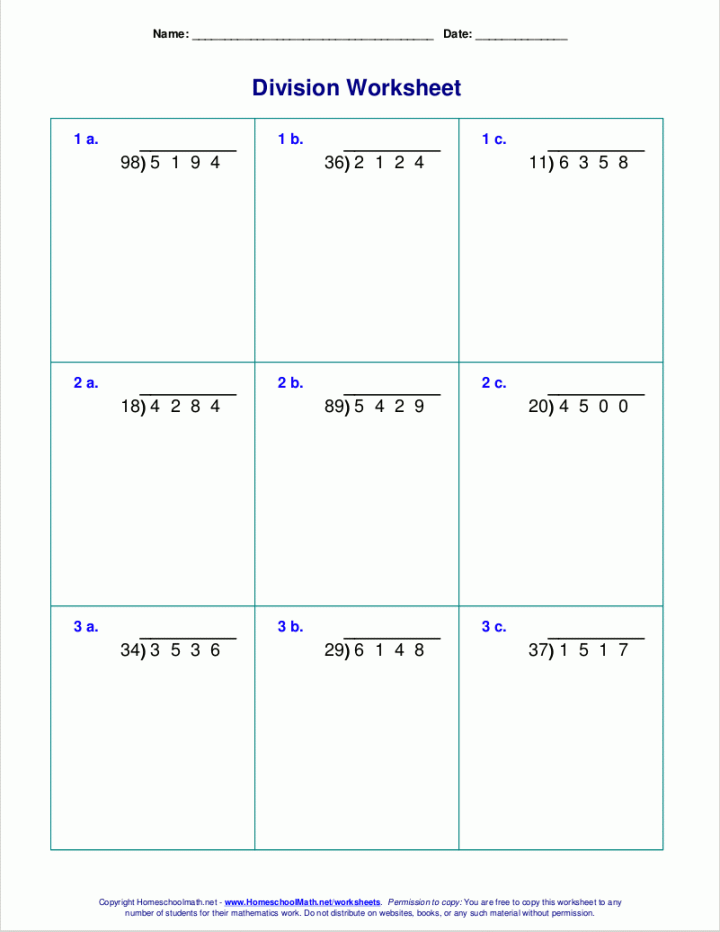 Long division worksheets for grades -