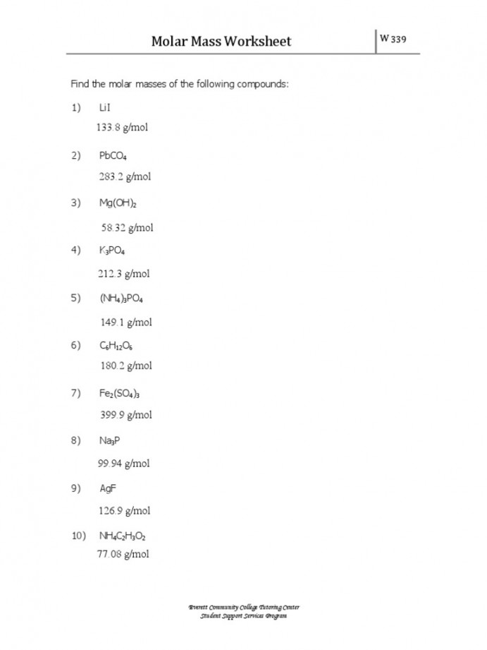 Molar Mass Worksheet: