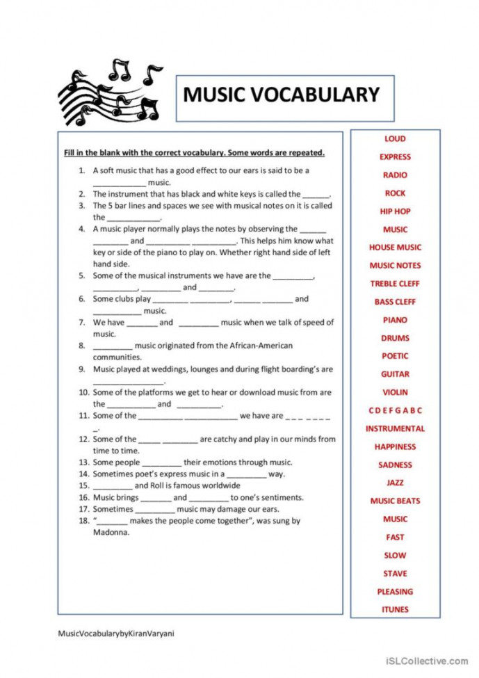 MUSIC VOCABULARY: English ESL worksheets pdf & doc