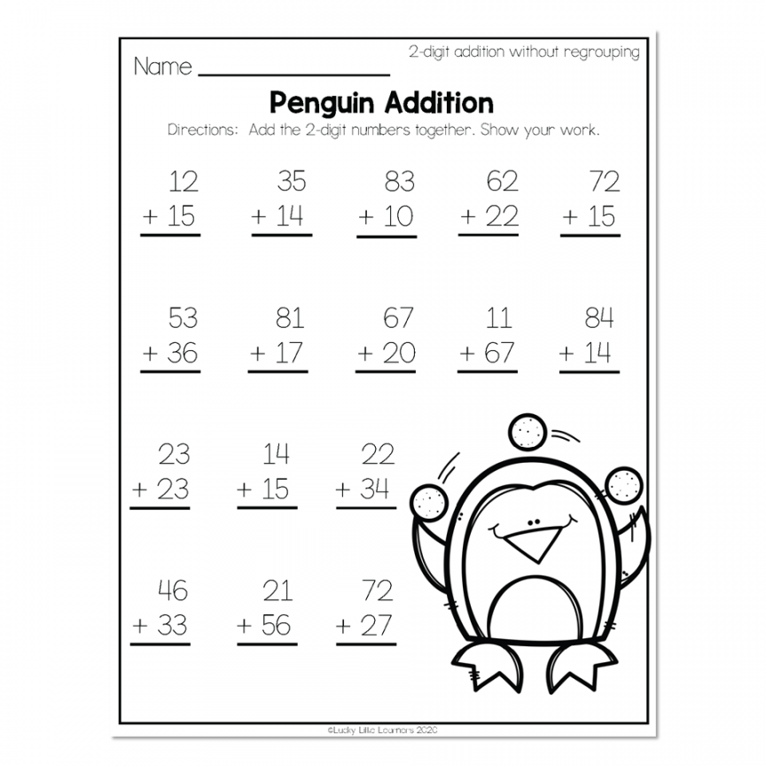 nd Grade Math Worksheets - -Digit Addition Without Regrouping - Penguin  Addition