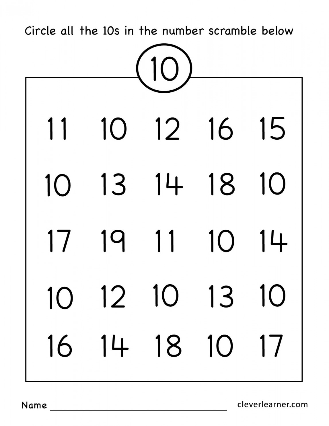 Number ten writing, counting and identification printable