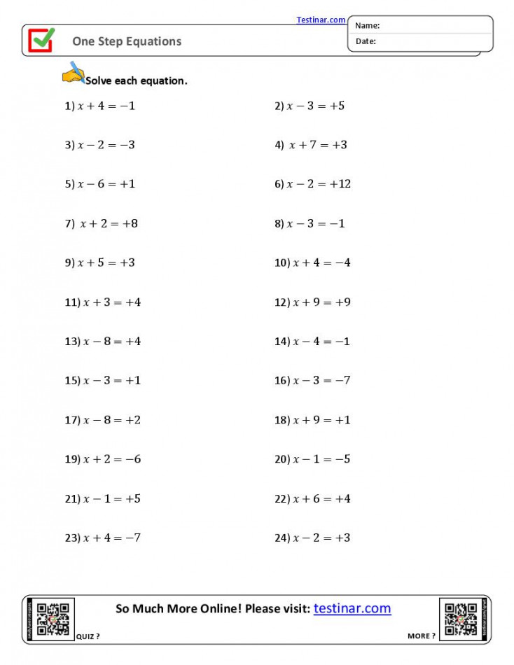 One Step Equations worksheets