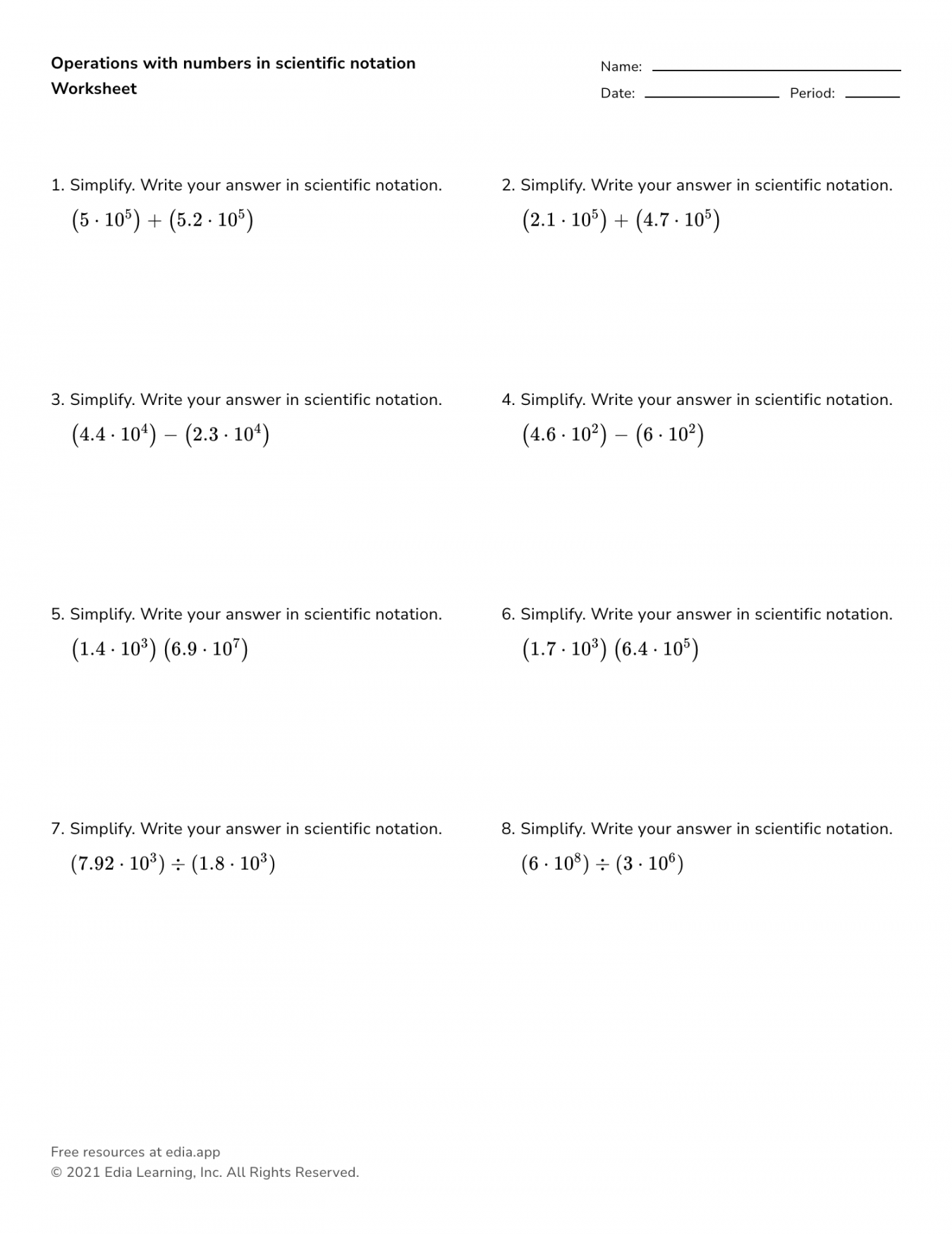 Operations With Numbers In Scientific Notation - Worksheet