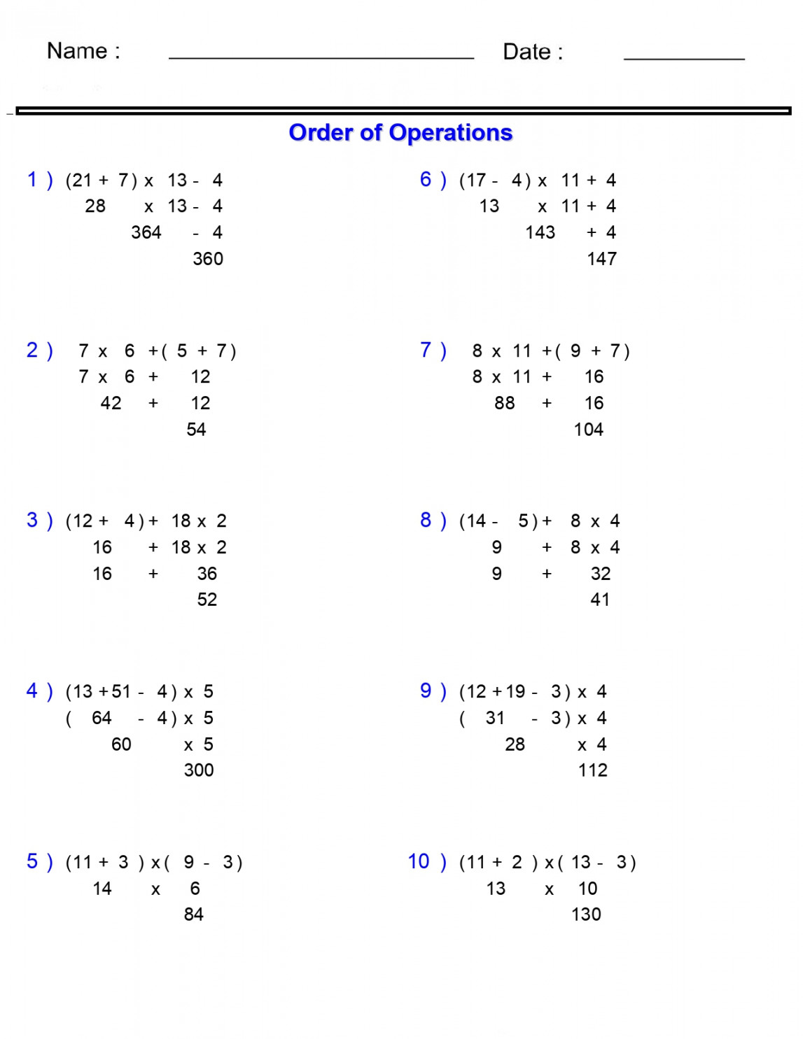 Order of Operations Without Division Worksheets - Basic with