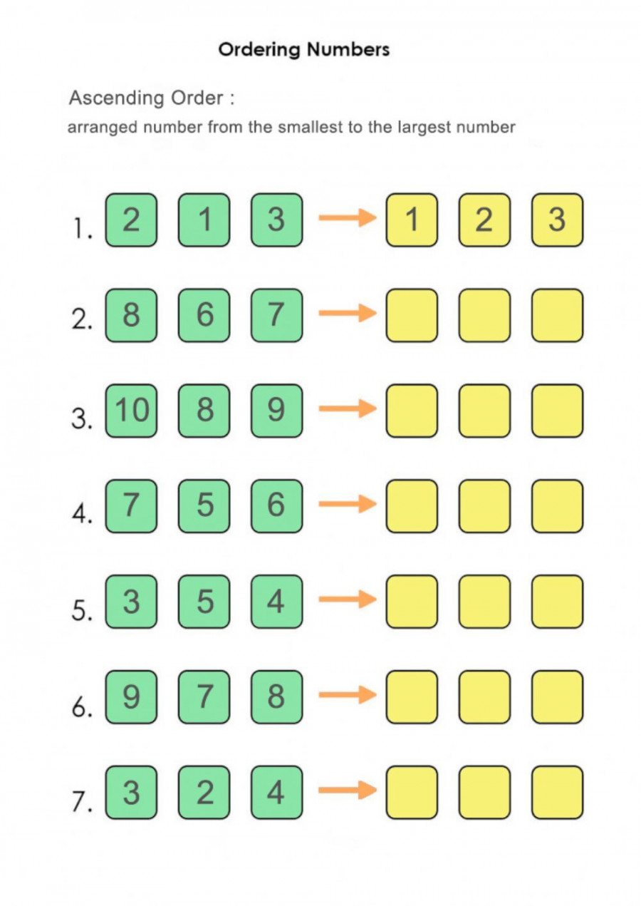 Ordering Number (ascending) worksheet in   Kindergarten