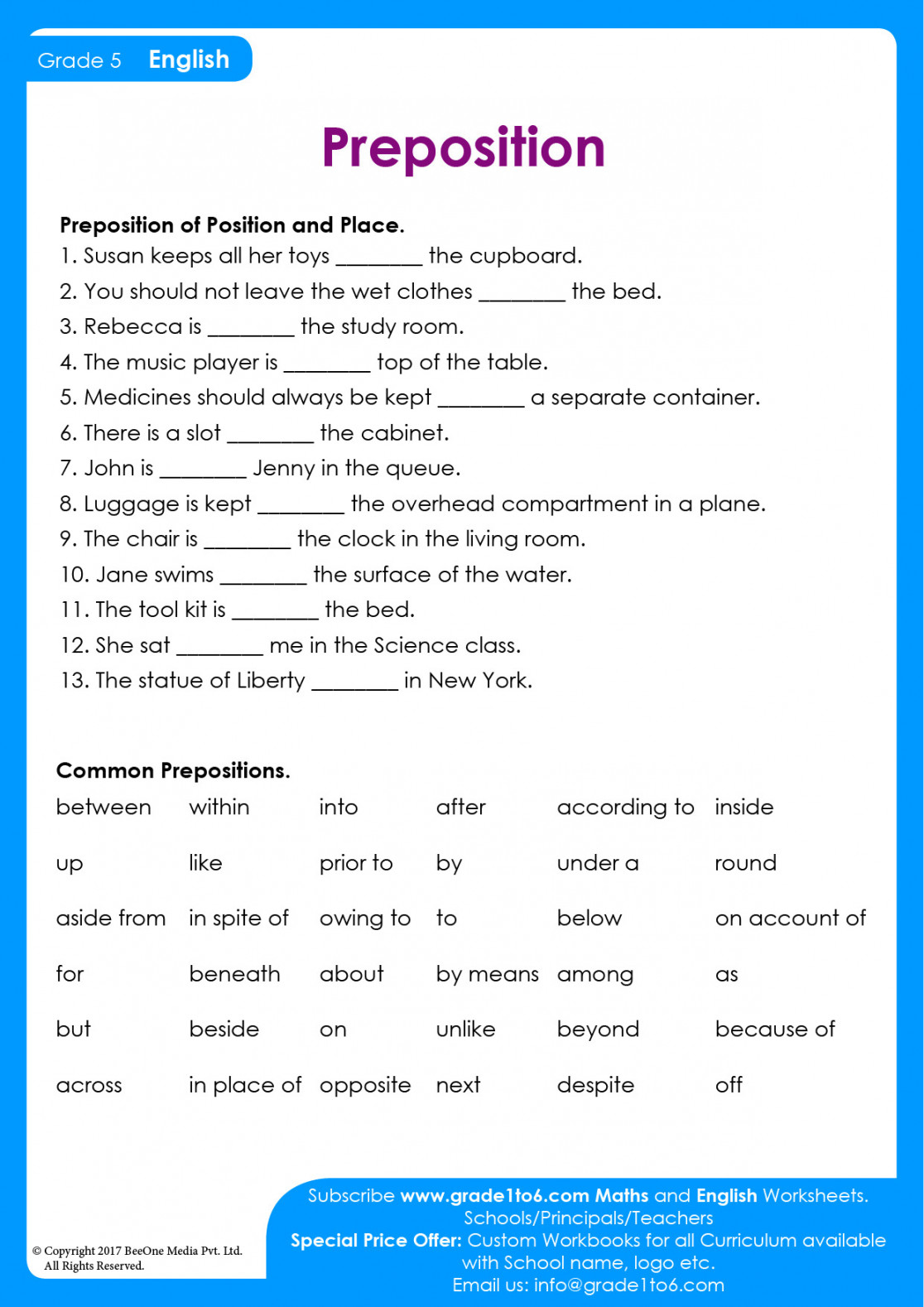 Preposition Worksheet for Class   Gradeto