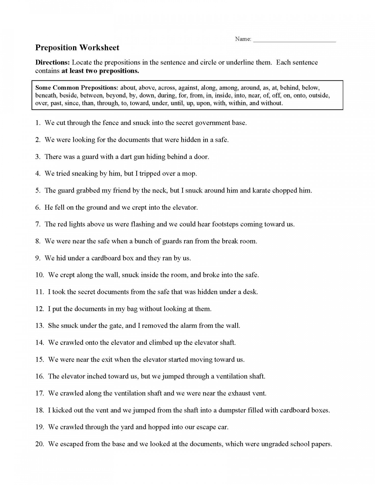 Preposition Worksheets and Activities  Parts of Speech