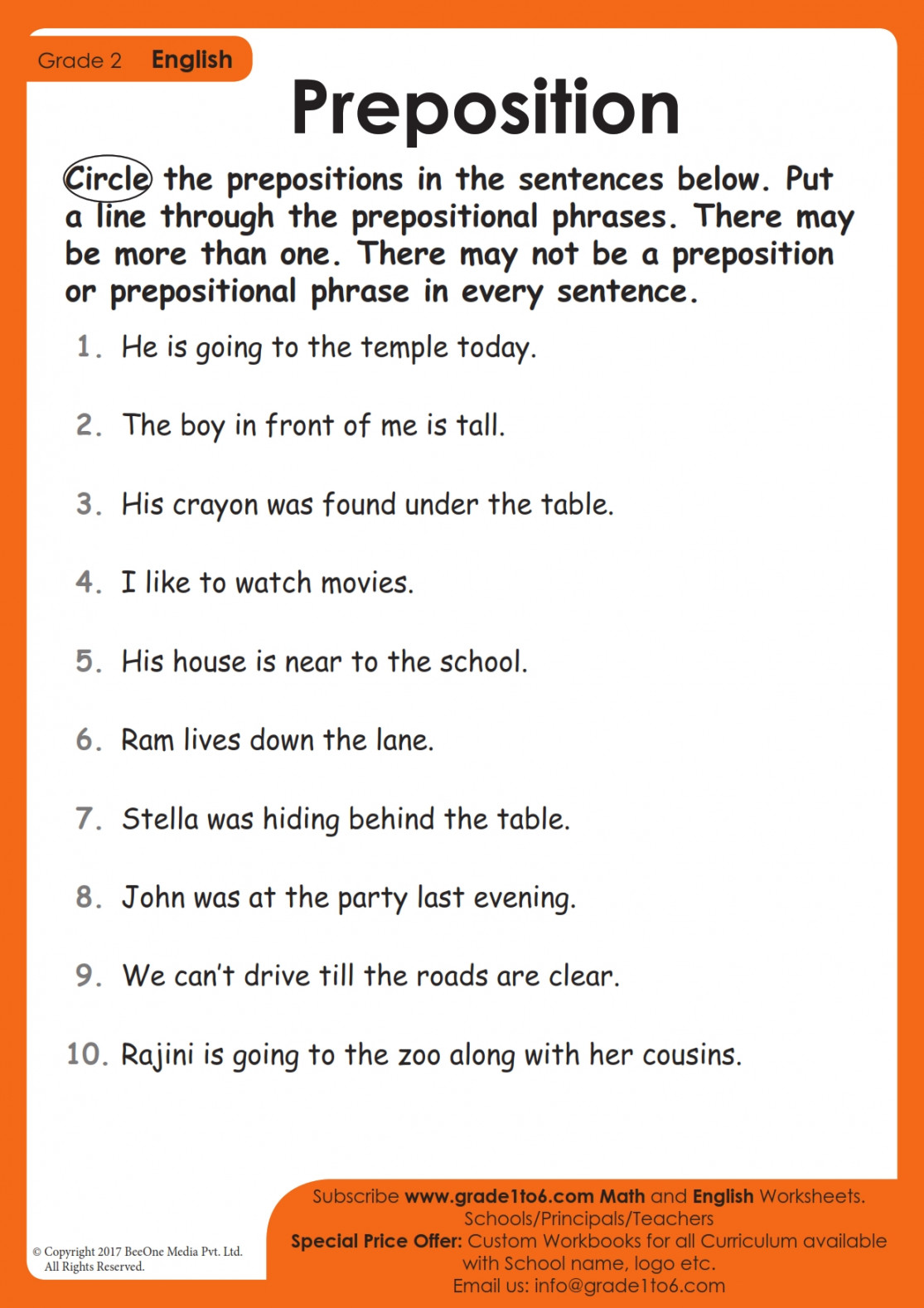 Preposition Worksheets for CBSE NCERT Class