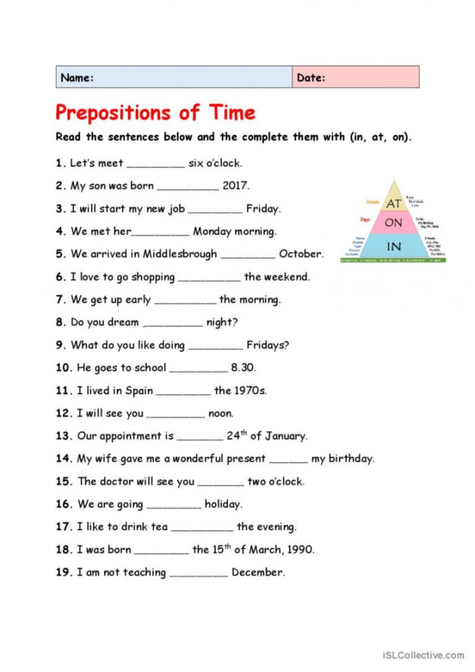 Prepositions of Time (in, on, at): English ESL worksheets pdf & doc