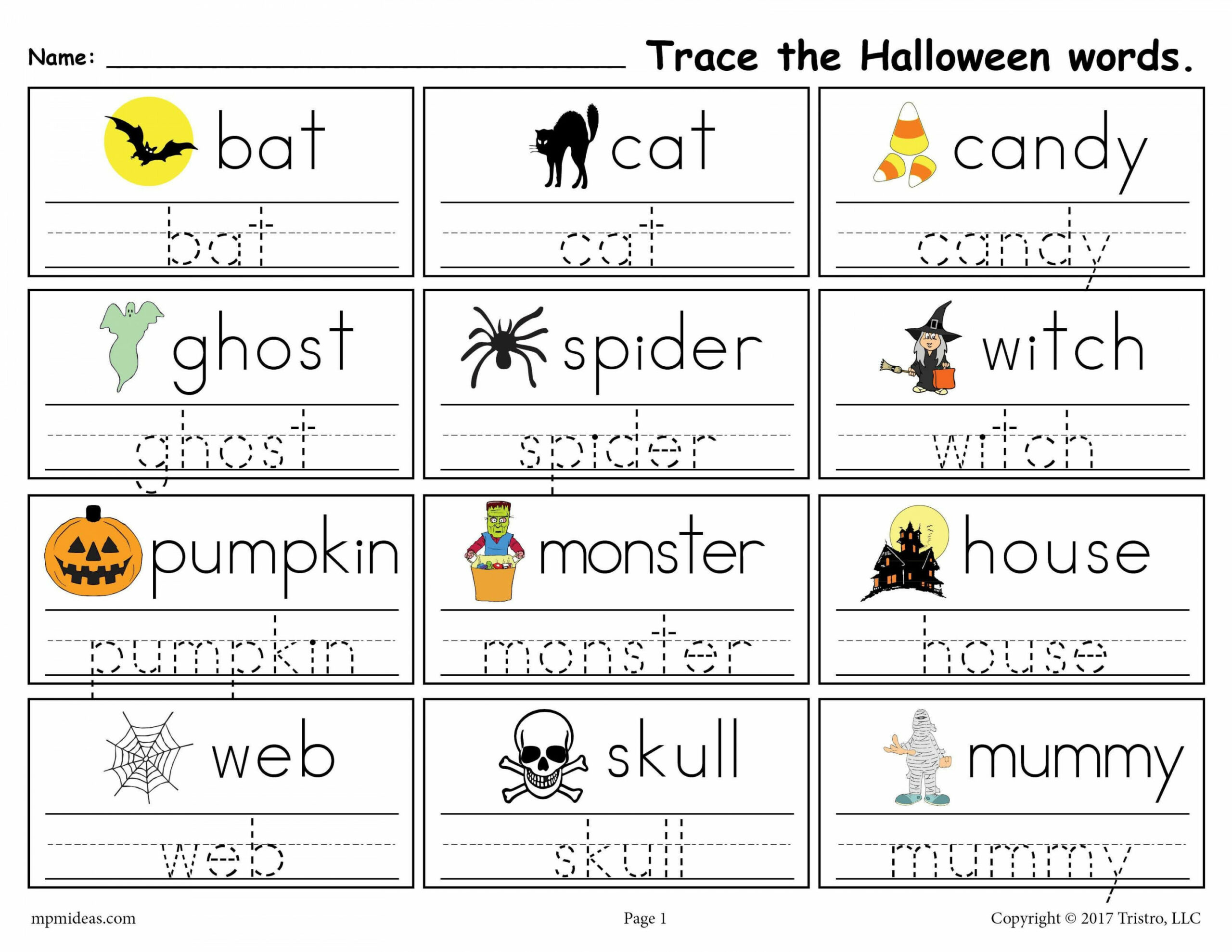 Printable Halloween Words Handwriting & Tracing Worksheet