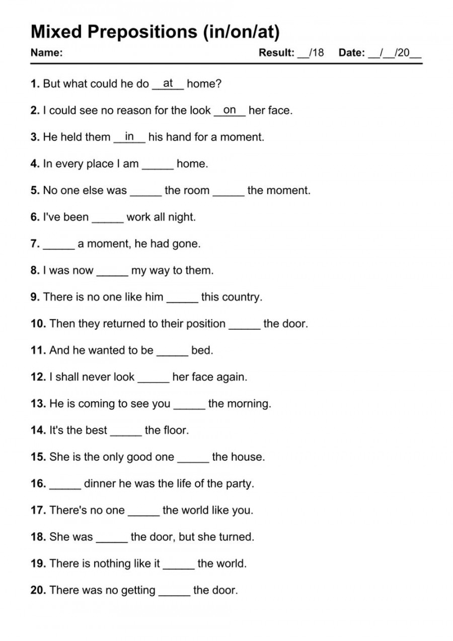 Printable Mixed Prepositions PDF Worksheets with Answers