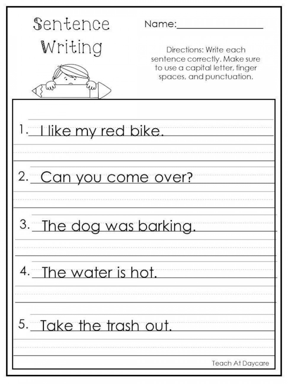 Printable Write the Sentence Worksheets